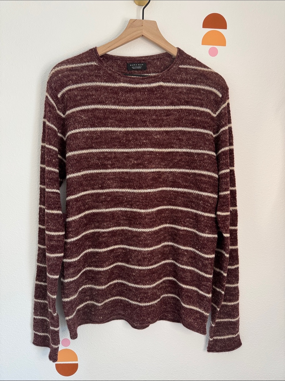 Zara Man Burgundy Striped Knit Sweater Men’s L  Crewneck Pullover N0203